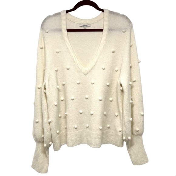 Madewell Dashwood Ivory Bobble V Neck Puff Sleeve Wool Blend Sweater - Picture 8 of 13